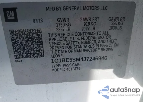 2018 Chevrolet Cruze Lt Auto z USA, uszkodzony, nr VIN 1G1BE5SM4J7246946